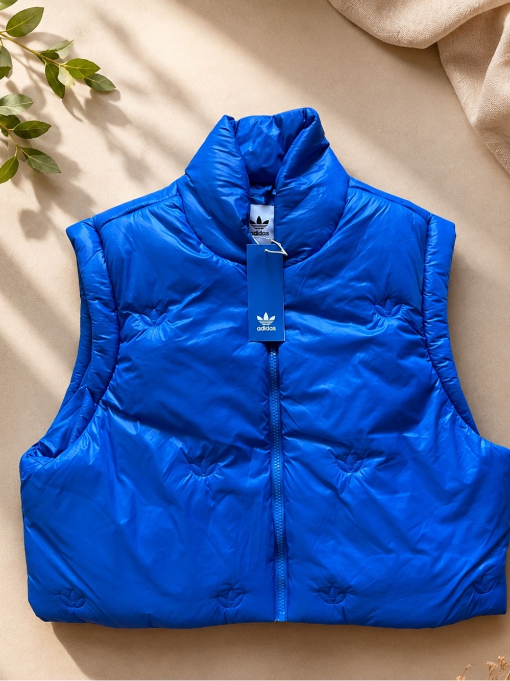 NWT adidas Women Monogram cropped Bright Blue Puffer Vest with High Collar
